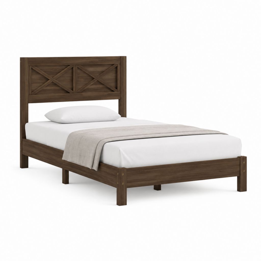 Einzelbettgestell Dunkelbraun Massivholz rechteckig mit Kreuzdekor Liegefläche 90 x 200 cm Außenmaße 101 x 211 x 110 cm