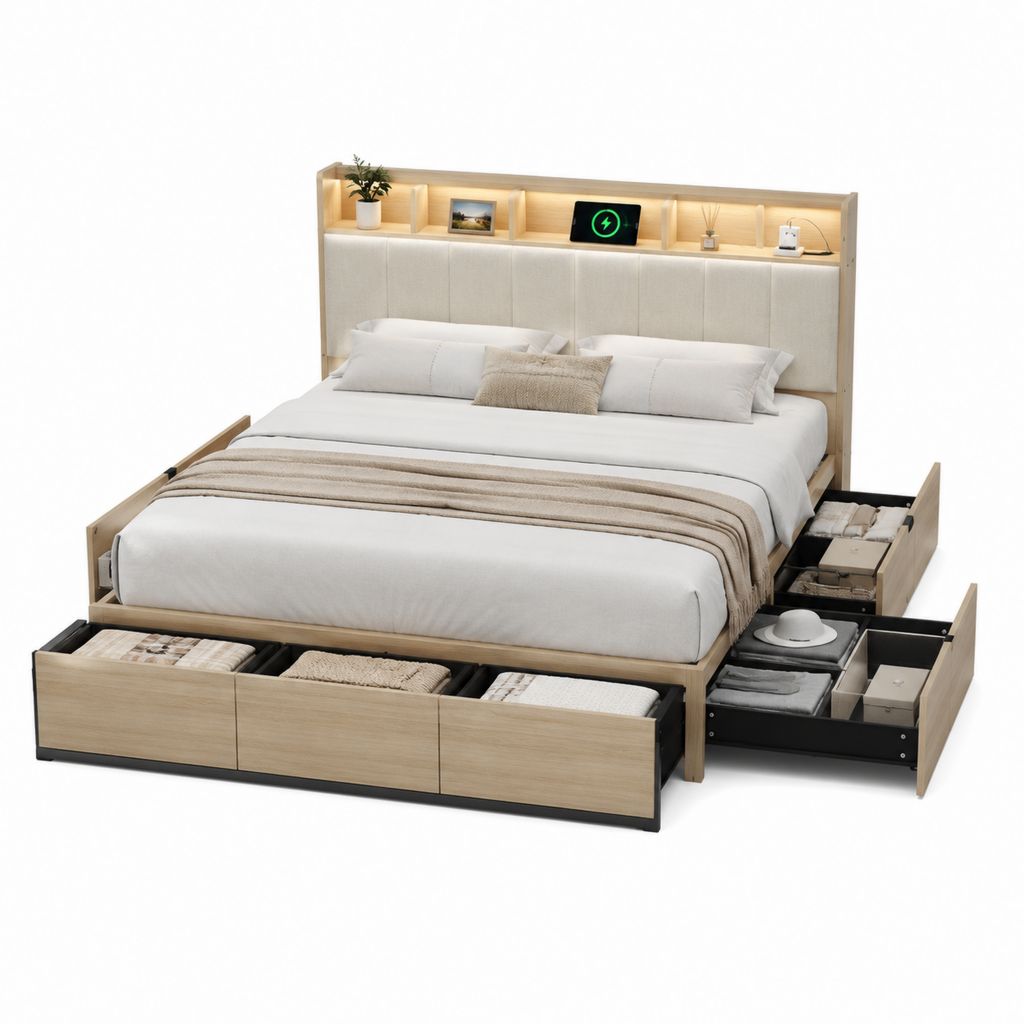 Bettgestell mit Stauraum und LED-Kopfteil Eiche hell Spanplatte rechteckig für 180 x 200 cm Matratze 226 x 210 x 120 cm