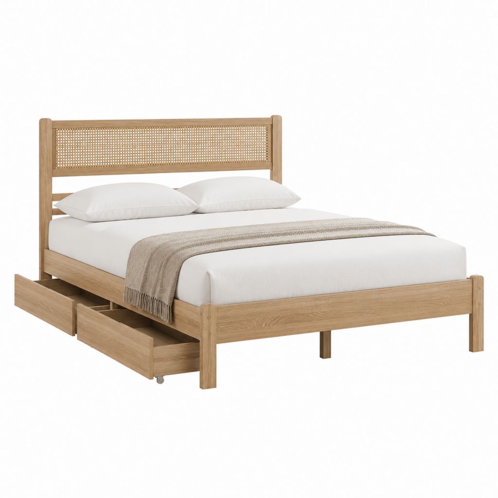 Doppelbett Bettgestell Natur aus massivem Eichenholz mit Rattan Kopfteil und 2 Schubladen 160 x 200 cm