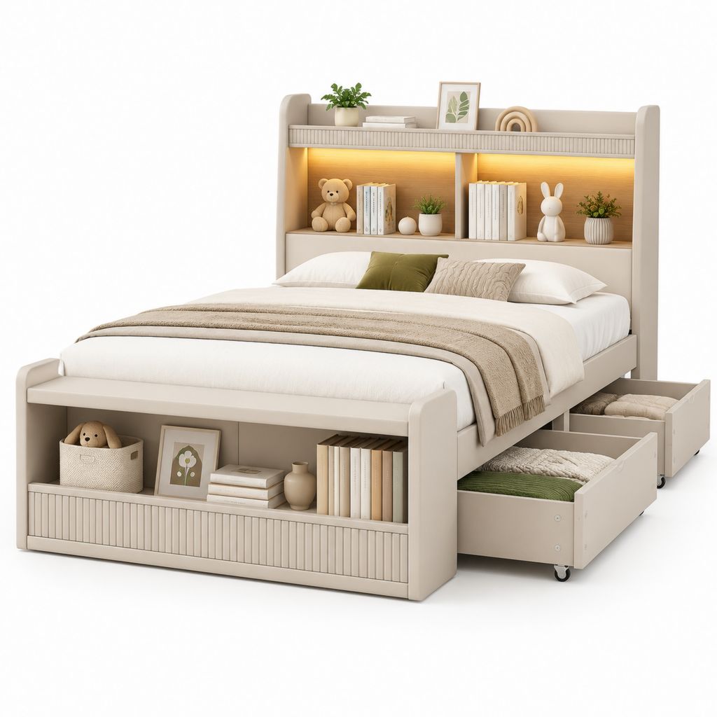 Stauraumbett Doppelbett Beige aus MDF mit Regal Kopfteil LED Beleuchtung und 2 Schubladen 160 x 200 cm