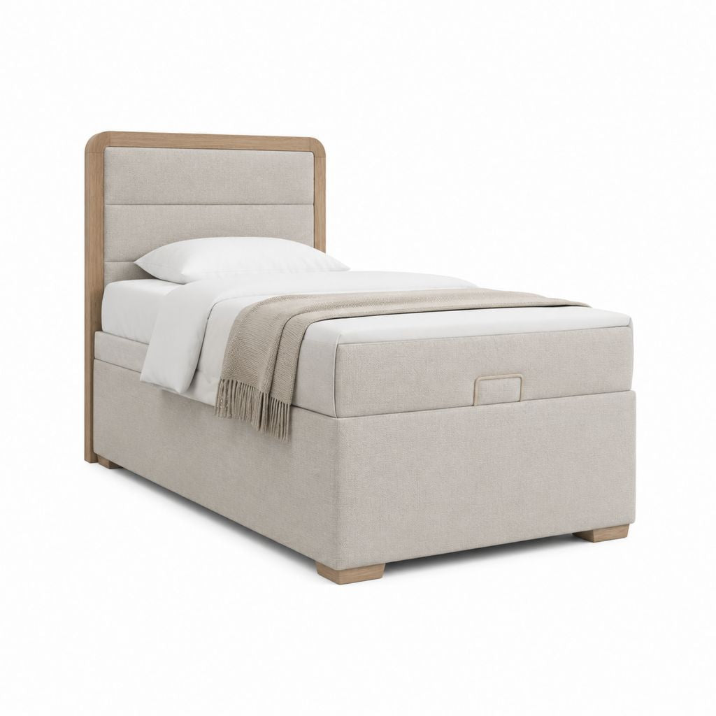 Polsterbett mit Bettkasten Beige Polyester Eichenfurnier rechteckig 90 x 200 cm