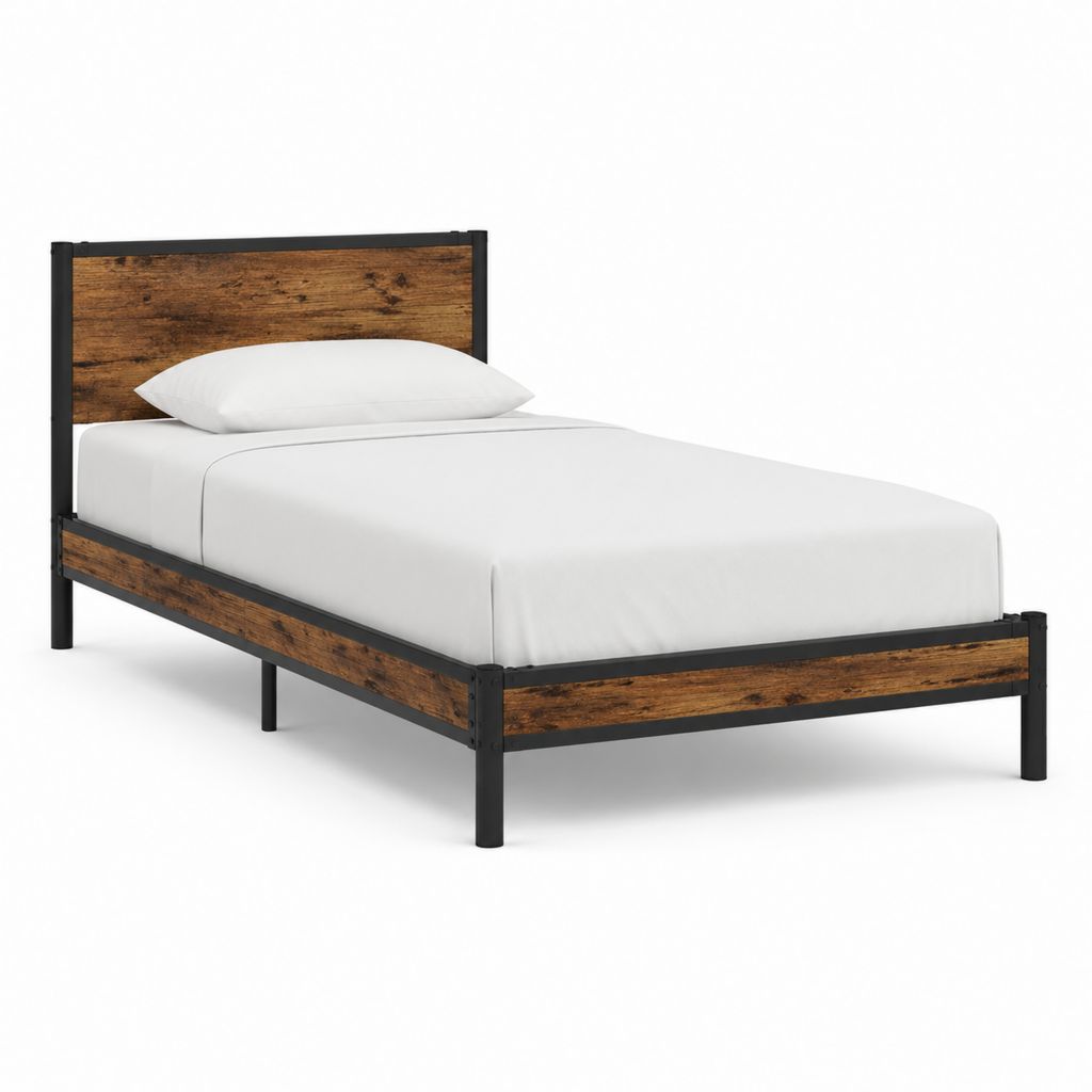 Einzelbett Bettgestell 90 x 200 cm Braun Schwarz aus Spanplatte und Stahl