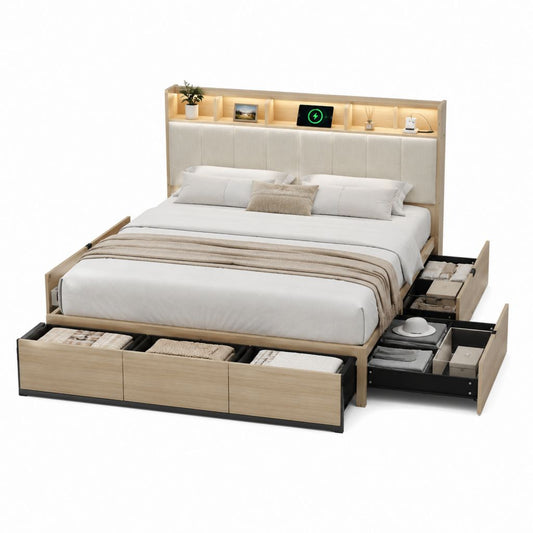 Bettgestell mit Stauraum und LED-Kopfteil Eiche hell Spanplatte rechteckig für 180 x 200 cm Matratze 226 x 210 x 120 cm