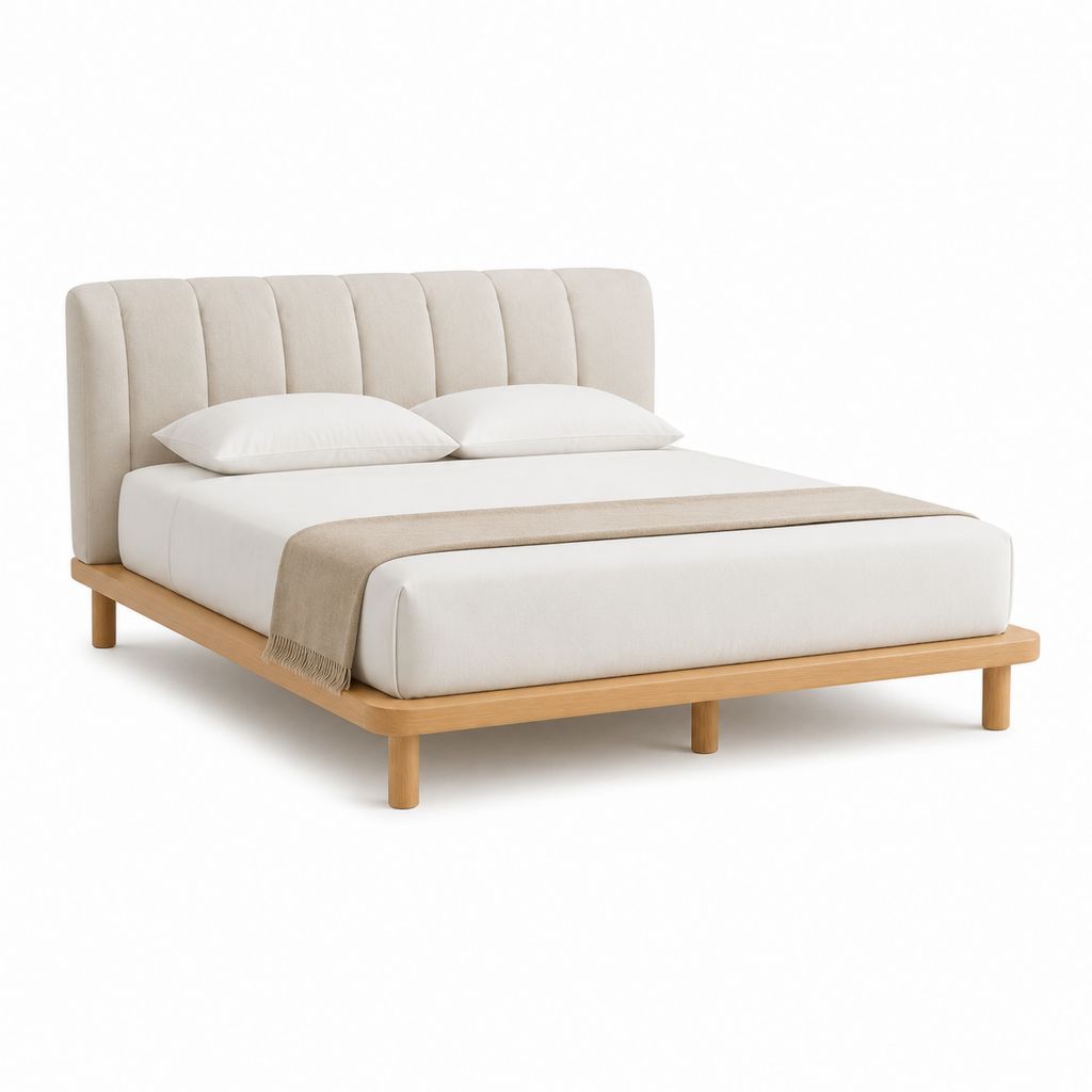 Polsterbett Doppelbett Beige mit Massivholzrahmen und gepolstertem Kopfteil 160 x 200 cm