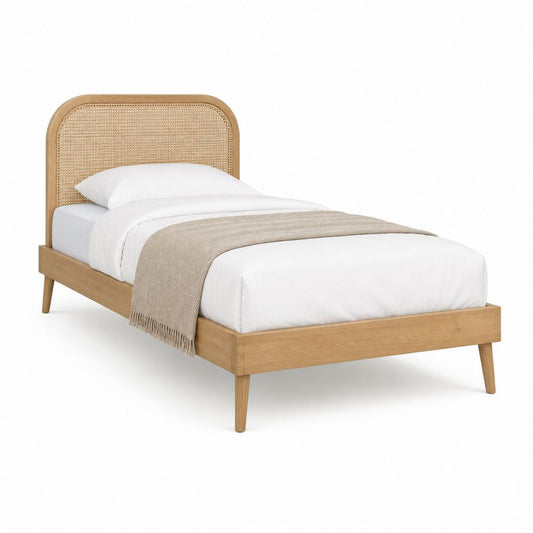Einzelbett Bettgestell Natur Eiche Massivholz Rattan rechteckig 90 x 200 cm