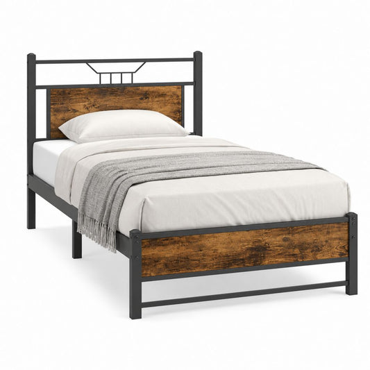 Metallbett Einzelbett Schwarz Rustikales Braun Stahl MDF Rechteckig 90 x 190 cm